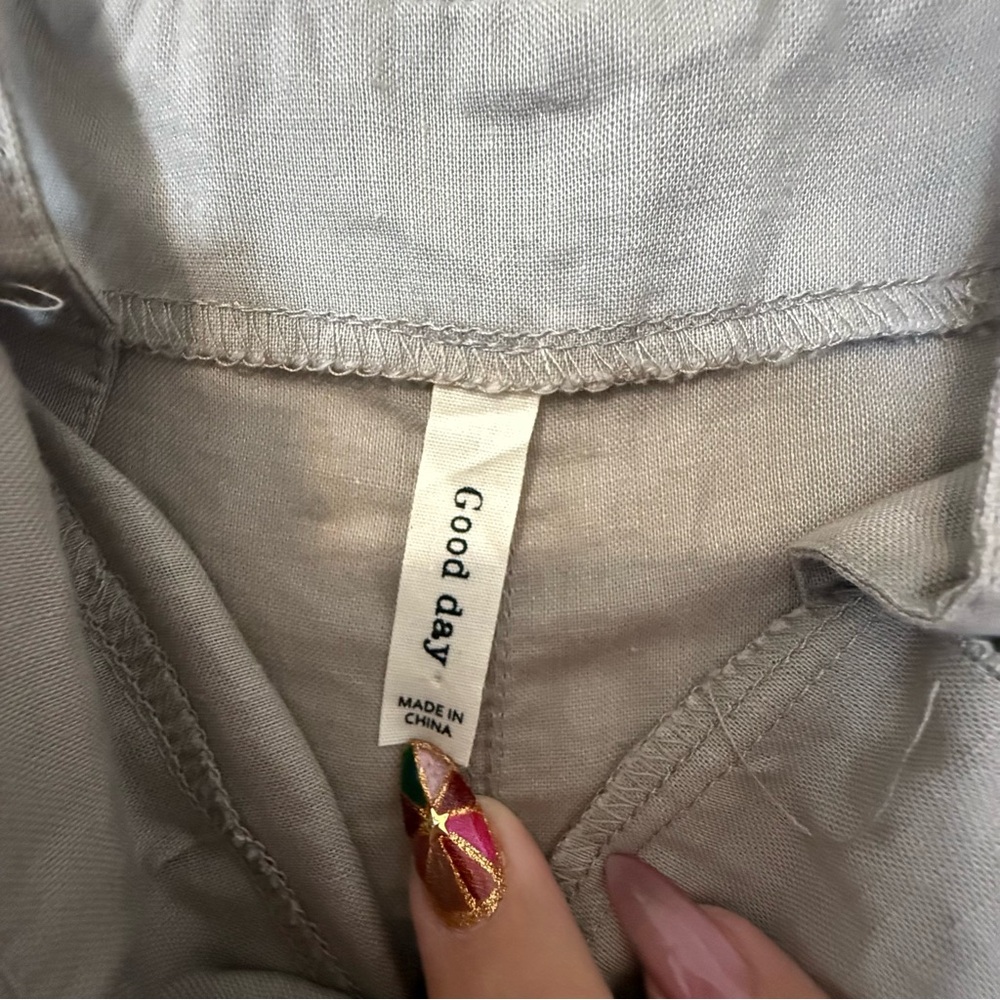 100% Linen light tan/ Sand colored Women's Cropped Wide Leg Jumpsuit Medium Boho - Picture 6 of 10